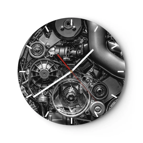 Falióra, Óra - Egy autó motormechanizmusának fekete-fehér részlete - 30x30cm - A mechanika költészete - Modern fali dekoráció nappalihoz, konyhához és hálószobához ARTTOR