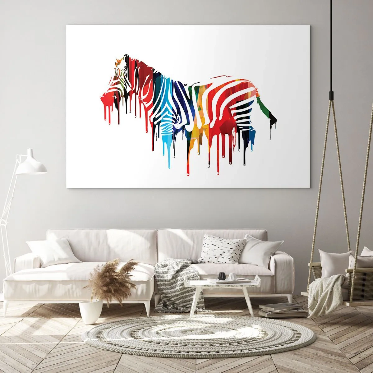 Üveg kép - Egy színes zebra absztrakt formában, csöpögő festékhatással. - 70x50cm - Nem csak fekete-fehér - Modern fali dekoráció nappalihoz és hálószobához ARTTOR