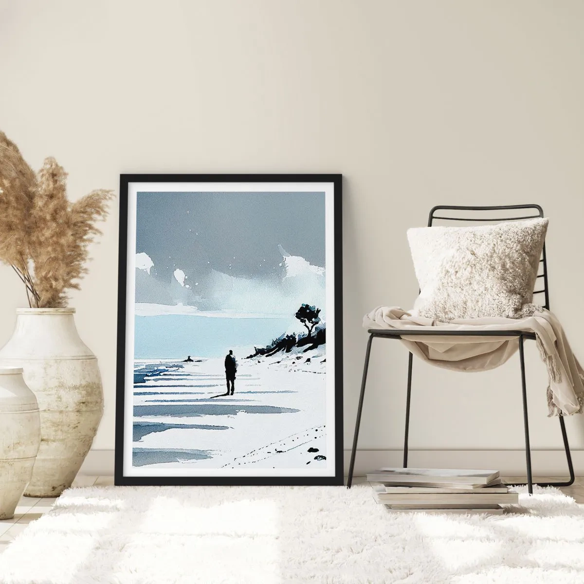 Poszter fehér keretben - Egy magányos alak a strandon akvarell árnyalatokkal - 50x70cm - Egyedül - Modern fali dekoráció nappalihoz és hálószobához ARTTOR