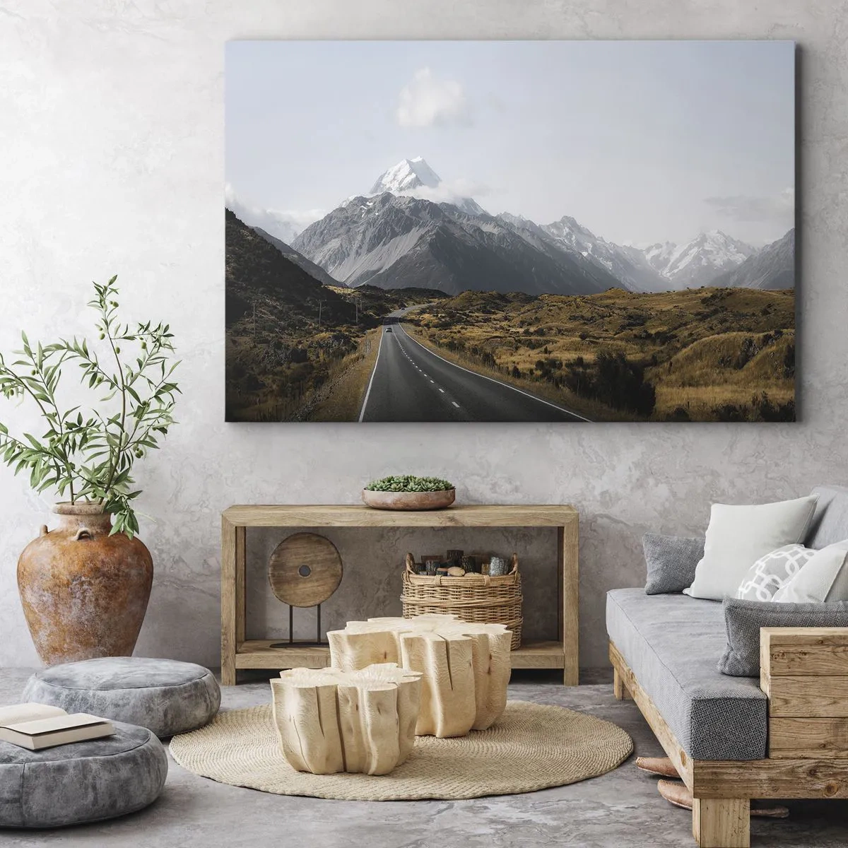 Vászonkép - Egy út a hegyekben, festői tájjal körülvéve - 70x50cm - Út a hegyek szívébe - Modern fali dekoráció nappalihoz és hálószobához ARTTOR