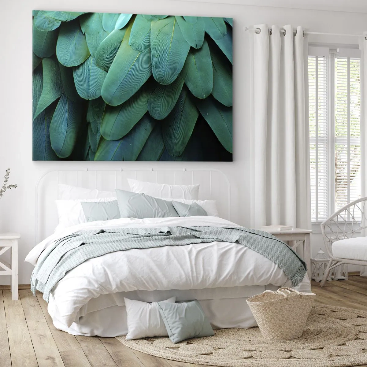 Vászonkép - Zöld árnyalatú tollrészletek - 70x50cm - A papagájtermészet precizitása - Modern fali dekoráció nappalihoz és hálószobához ARTTOR