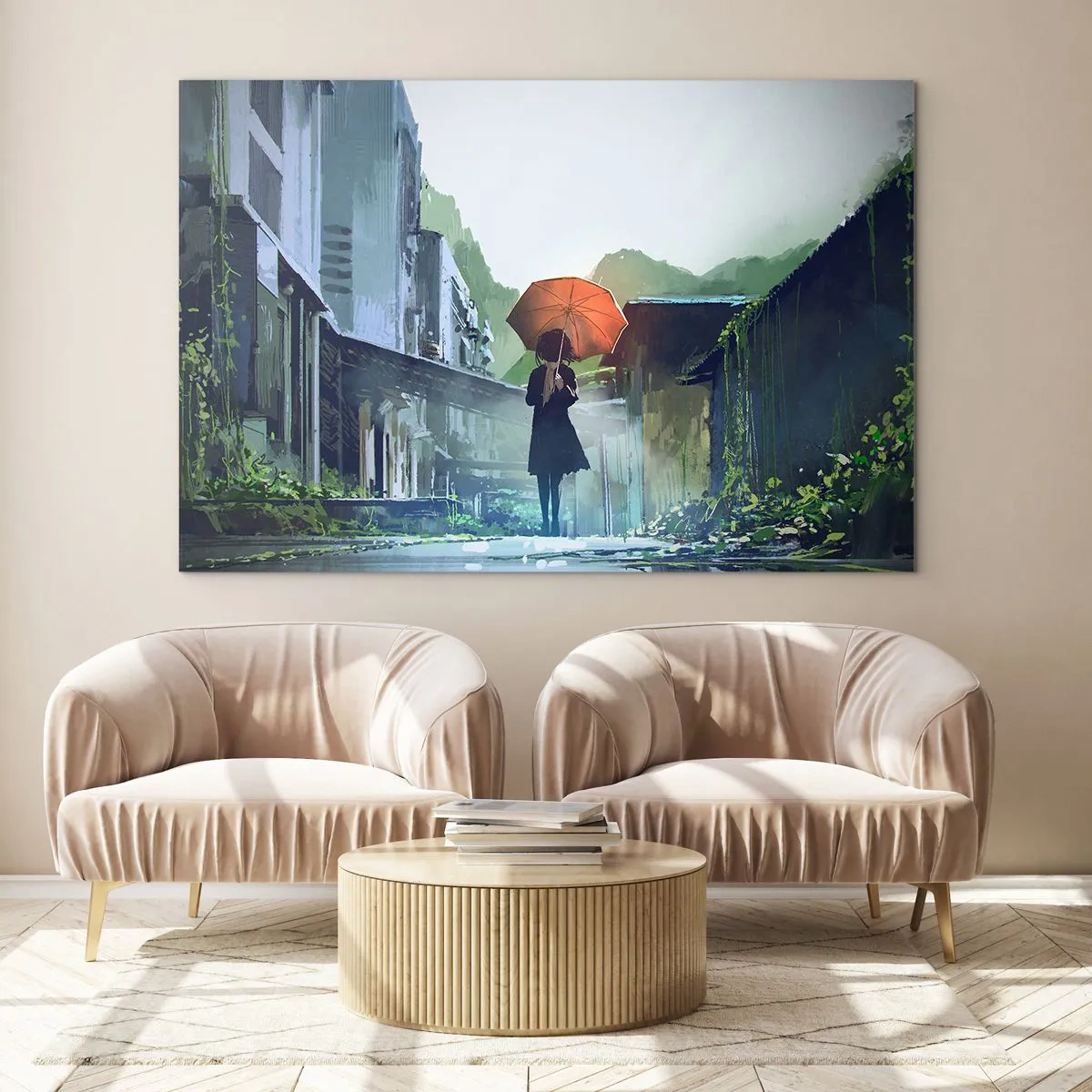 Üveg kép - Egy alak narancssárga esernyővel egy esős utcán - 70x50cm - Éltető eső - Modern fali dekoráció nappalihoz és hálószobához ARTTOR