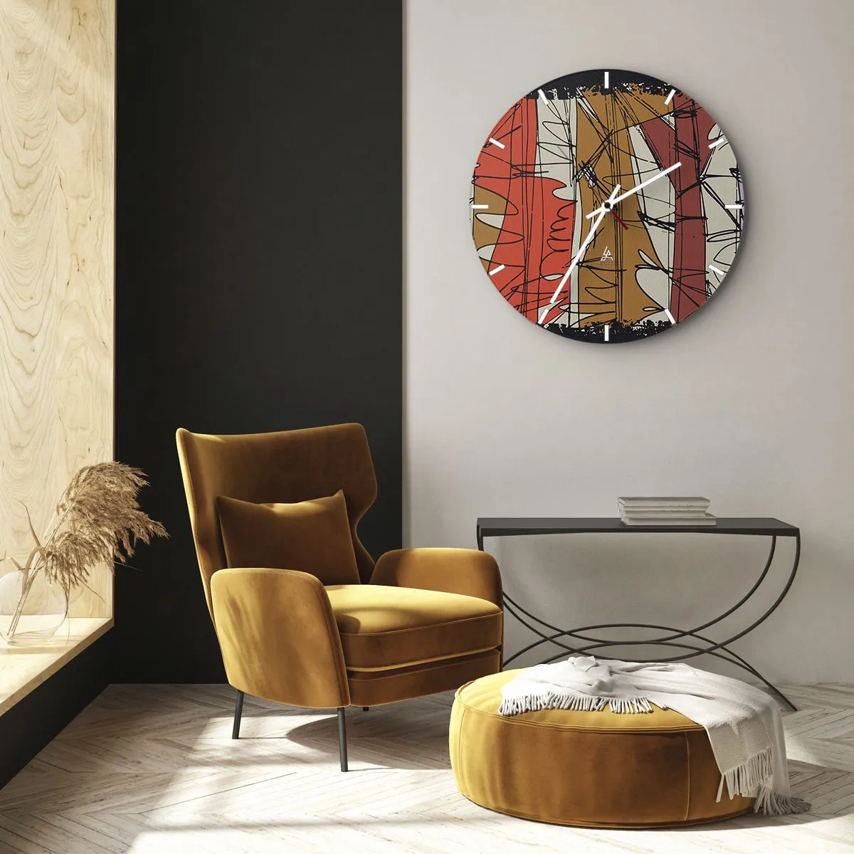 Falióra, Óra - Absztrakt vonalak és foltok meleg színpalettán - 30x30cm - Spontán kompozíció - Modern fali dekoráció nappalihoz, konyhához és hálószobához ARTTOR
