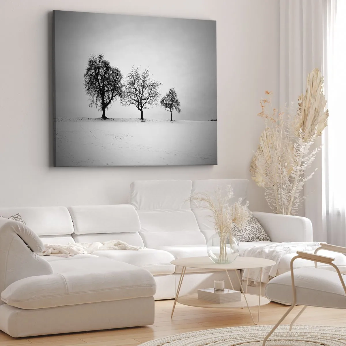 Vászonkép - Három fa egy havas mezőn monokróm stílusban - 70x50cm - Miről álmodoznak? - Modern fali dekoráció nappalihoz és hálószobához ARTTOR