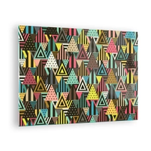 Üveg kép - Absztrakt kompozíció intenzív színű háromszögekkel. - 70x50cm - Hármas ritmusban - Modern fali dekoráció nappalihoz és hálószobához ARTTOR