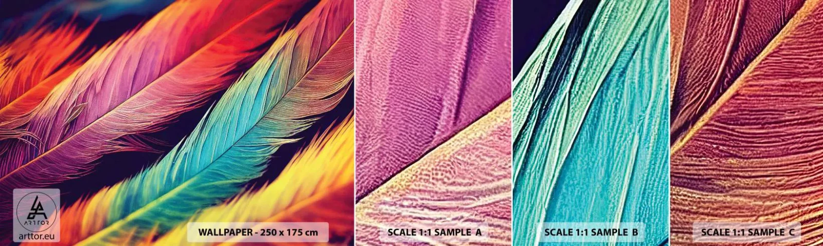 Fotótapéta Minta Öntapadós Deluxe Sticker - Tollas szivárvány - Tollak, Fény, Színes - 100x30 cm