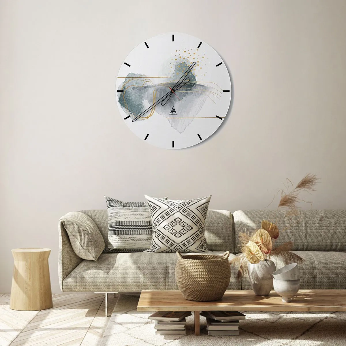 Falióra, Óra - Pasztell absztrakt formák arany vonalakkal és pöttyökkel fehér alapon. - 30x30cm - A szürkeség és az arany kapcsolatáról - Modern fali dekoráció nappalihoz, konyhához és hálószobához ARTTOR