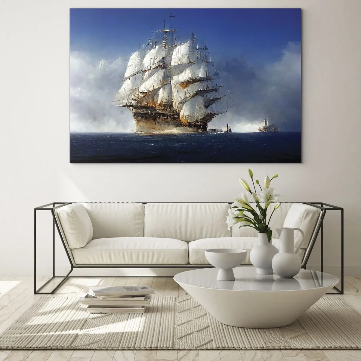 Üveg kép - Egy vitorlás hajó a nyílt tengeren a tengeri köd közepette - 70x50cm - The great glory! - Modern fali dekoráció nappalihoz és hálószobához ARTTOR