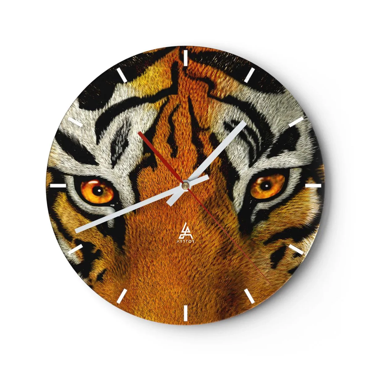 Falióra, Óra - Közeli kép a tigris intenzív tekintetéről - 30x30cm - Szörnyű és gyönyörű - Modern fali dekoráció nappalihoz, konyhához és hálószobához ARTTOR