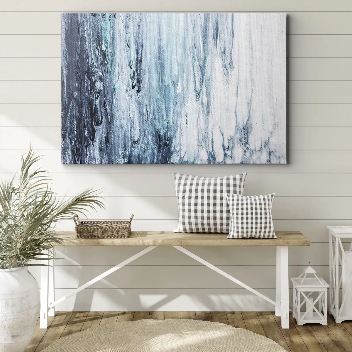 Vászonkép - Absztrakt kék és fehér csíkok, amelyek jégcsapokra emlékeztetnek - 70x50cm - Kék jégcsapok - Modern fali dekoráció nappalihoz és hálószobához ARTTOR