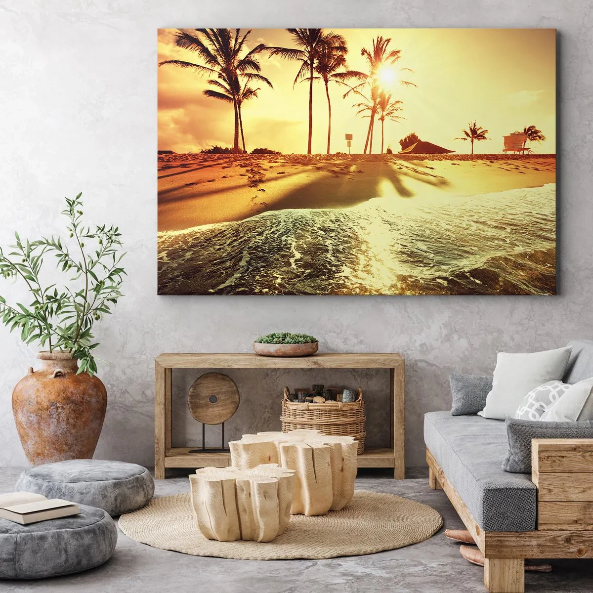 Vászonkép - Egy pálmafákkal teli strand, amelyet meleg naplemente világít meg - 70x50cm - Kaliforniai délután - Modern fali dekoráció nappalihoz és hálószobához ARTTOR