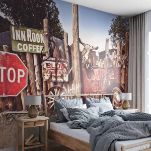 Fotótapéta Premium Sand - És megállt az idő - Jelzőtábla, 66-os út, Egyesült Államok - 100x70 cm