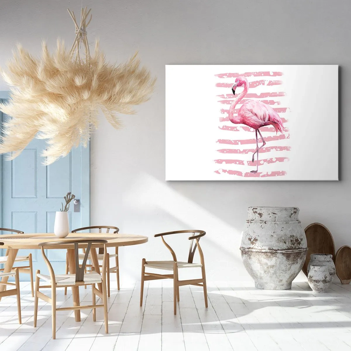 Vászonkép - Flamingo minimalista stílusban, rózsaszín háttérrel - 70x50cm - Méltósággal, bár rózsaszínben - Modern fali dekoráció nappalihoz és hálószobához ARTTOR