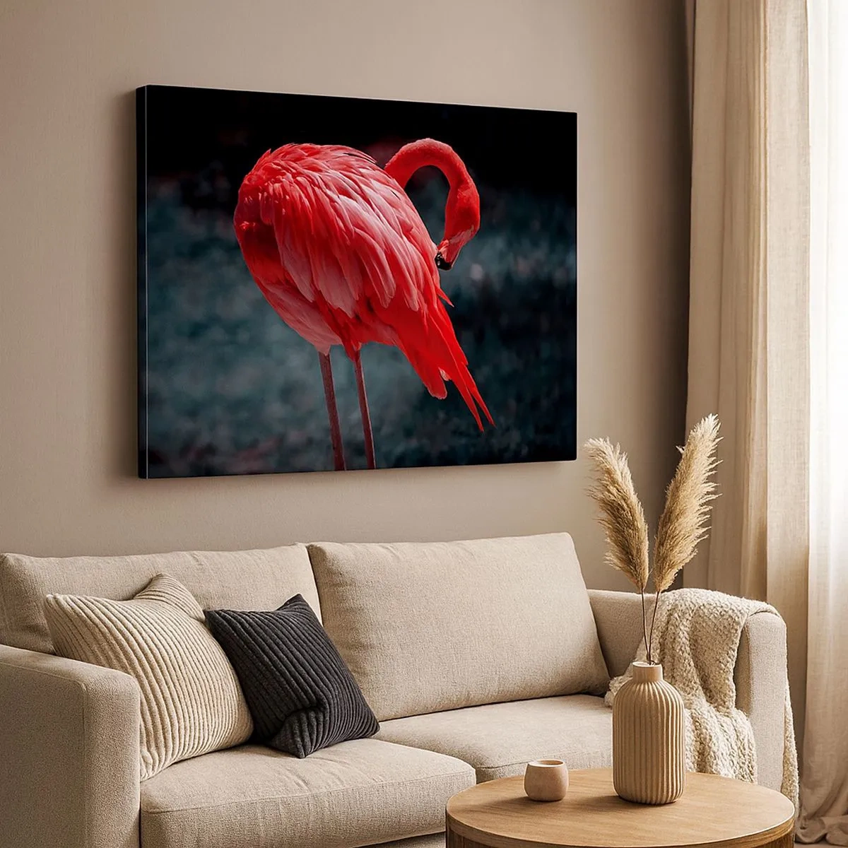 Vászonkép - Rózsaszín flamingó sötétzöld háttér előtt - 70x50cm - A természet karmazsinvörös verse - Modern fali dekoráció nappalihoz és hálószobához ARTTOR