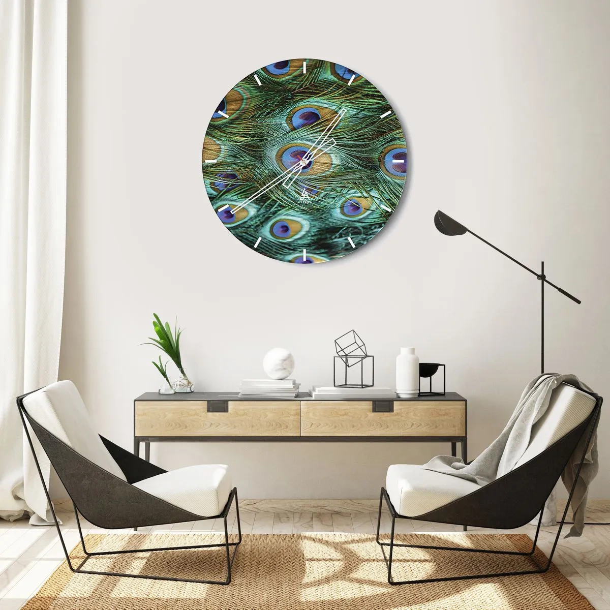 Falióra, Óra - Pávatollak zöld és kék árnyalatokban - 30x30cm - Pávaszemű pillantás - Modern fali dekoráció nappalihoz, konyhához és hálószobához ARTTOR
