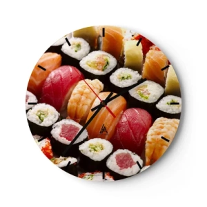 Falióra, Óra - Színes sushi közeli képe különböző típusokban - 30x30cm - Ázsia színei és ízei - Modern fali dekoráció nappalihoz, konyhához és hálószobához ARTTOR