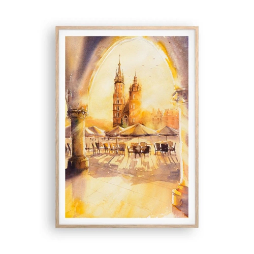 Poszter világos tölgy keretben - Napkelte a krakkói piactér felett - 70x100 cm