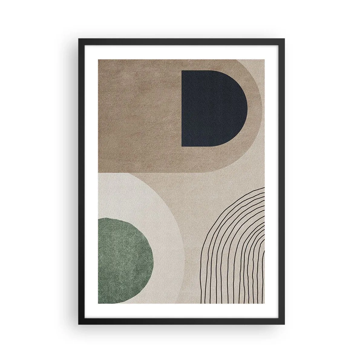 Poszter fehér keretben - Geometrikus absztrakció bézs, zöld és fekete árnyalatokban - 50x70cm - Egy ovális szelídsége - Modern fali dekoráció nappalihoz és hálószobához ARTTOR