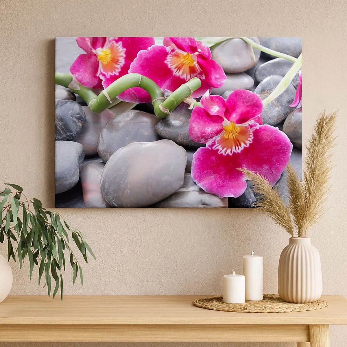 Vászonkép - Rózsaszín orchideák sima kövek hátterében - 70x50cm - Hideg és forró - Modern fali dekoráció nappalihoz és hálószobához ARTTOR