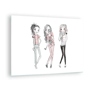 Üveg kép - Három stílusos lány pasztell színekben - 70x50cm - Lesz, jó móka lesz - Modern fali dekoráció nappalihoz és hálószobához ARTTOR