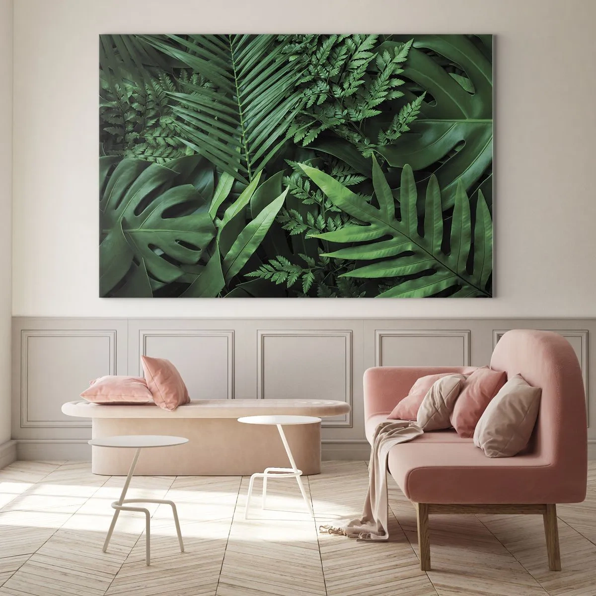 Üveg kép - Trópusi növények sűrű zöld levelei a kompozícióban - 70x50cm - Összebújva a zöldben - Modern fali dekoráció nappalihoz és hálószobához ARTTOR