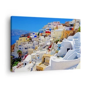 Vászonkép - Santorini panorámája fehér házakkal és kék éggel - 70x50cm - Álom a görög nyárról - Modern fali dekoráció nappalihoz és hálószobához ARTTOR