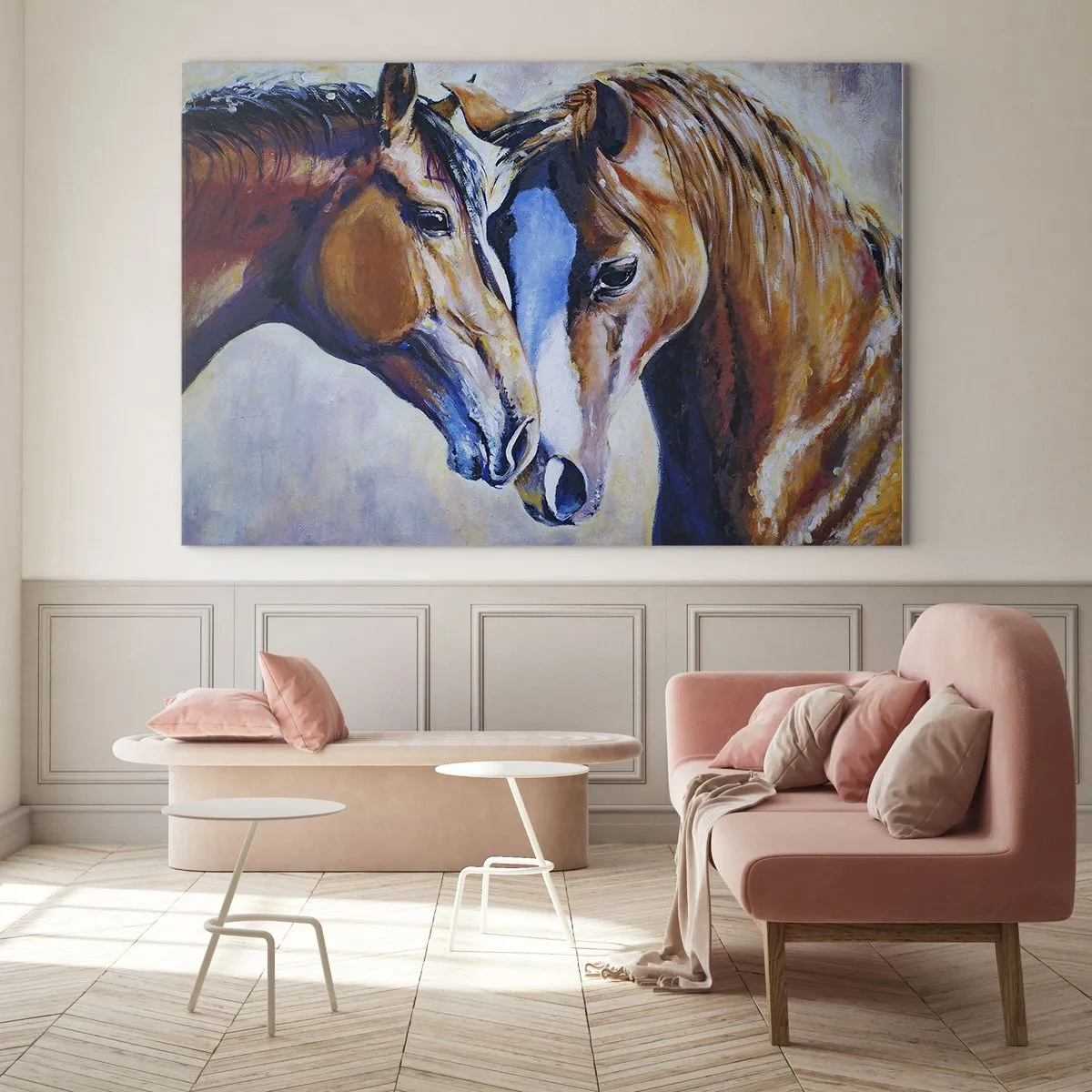 Üveg kép - Két ló gyengéden közeledik egymáshoz - 70x50cm - Ez barátság? Vagy szerelem - Modern fali dekoráció nappalihoz és hálószobához ARTTOR
