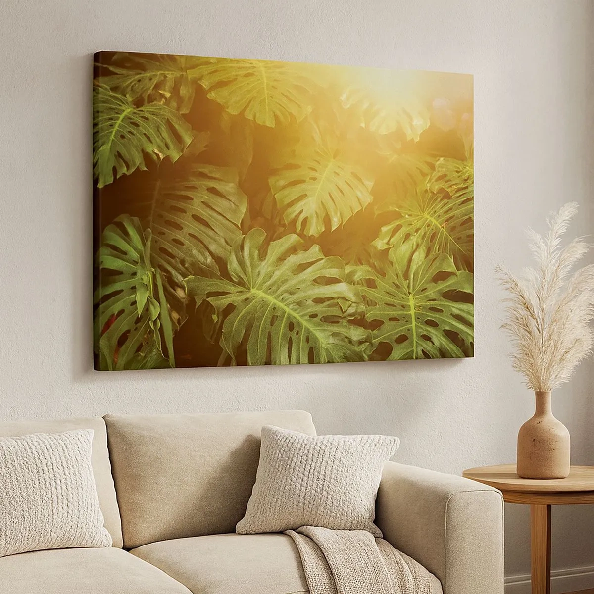 Vászonkép - Monstera levelek a napfényben, természetes háttér előtt - 70x50cm - A zöldbe belépni... - Modern fali dekoráció nappalihoz és hálószobához ARTTOR