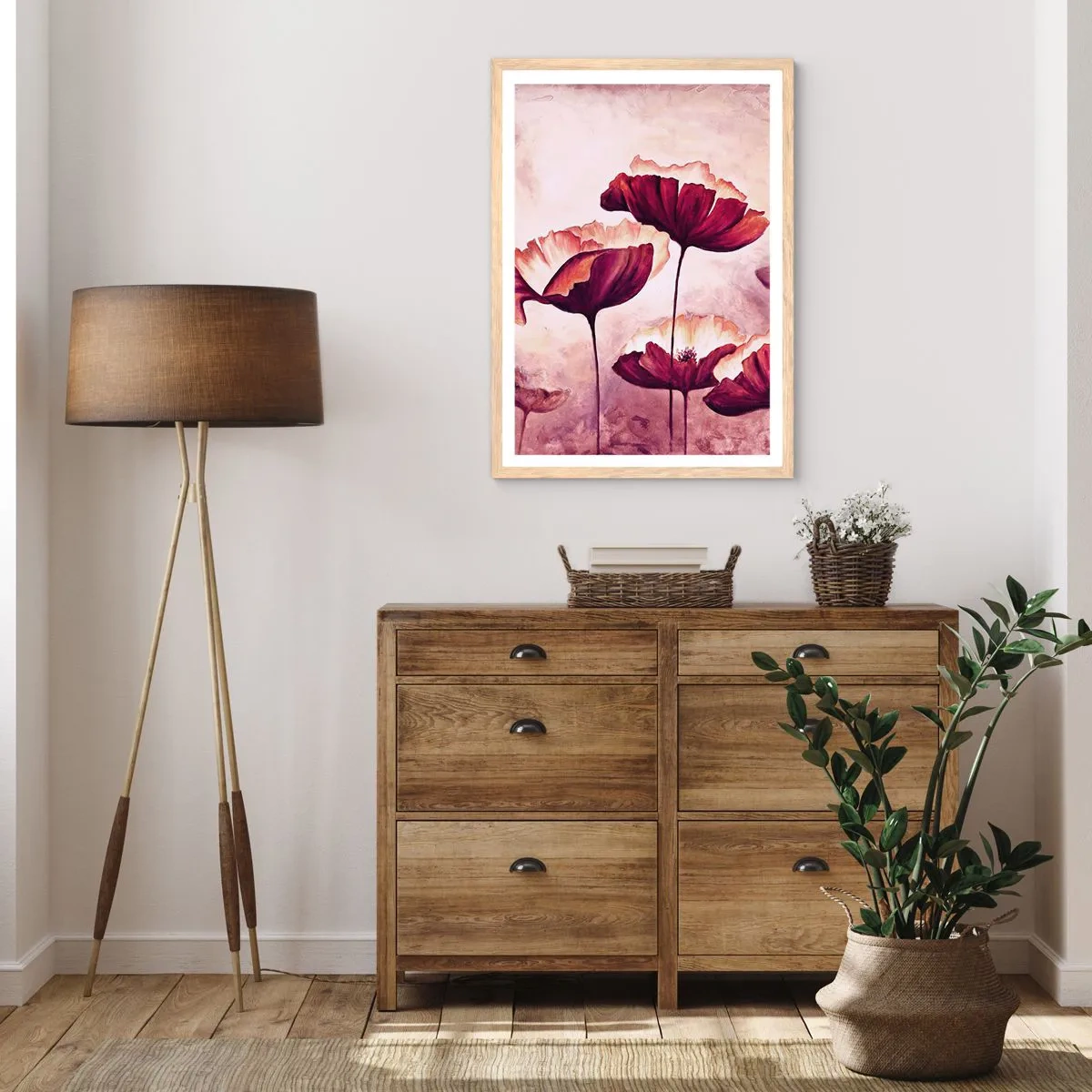 Poszter világos tölgy keretben - Piros és fehér szirom - 50x70 cm