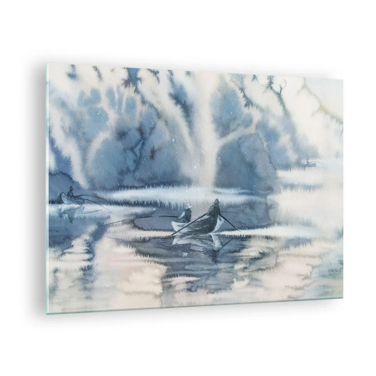 Üveg kép - Két halász egy csónakban, ködös táj veszi körül - 70x50cm - Horgászok a paradicsomukban - Modern fali dekoráció nappalihoz és hálószobához ARTTOR