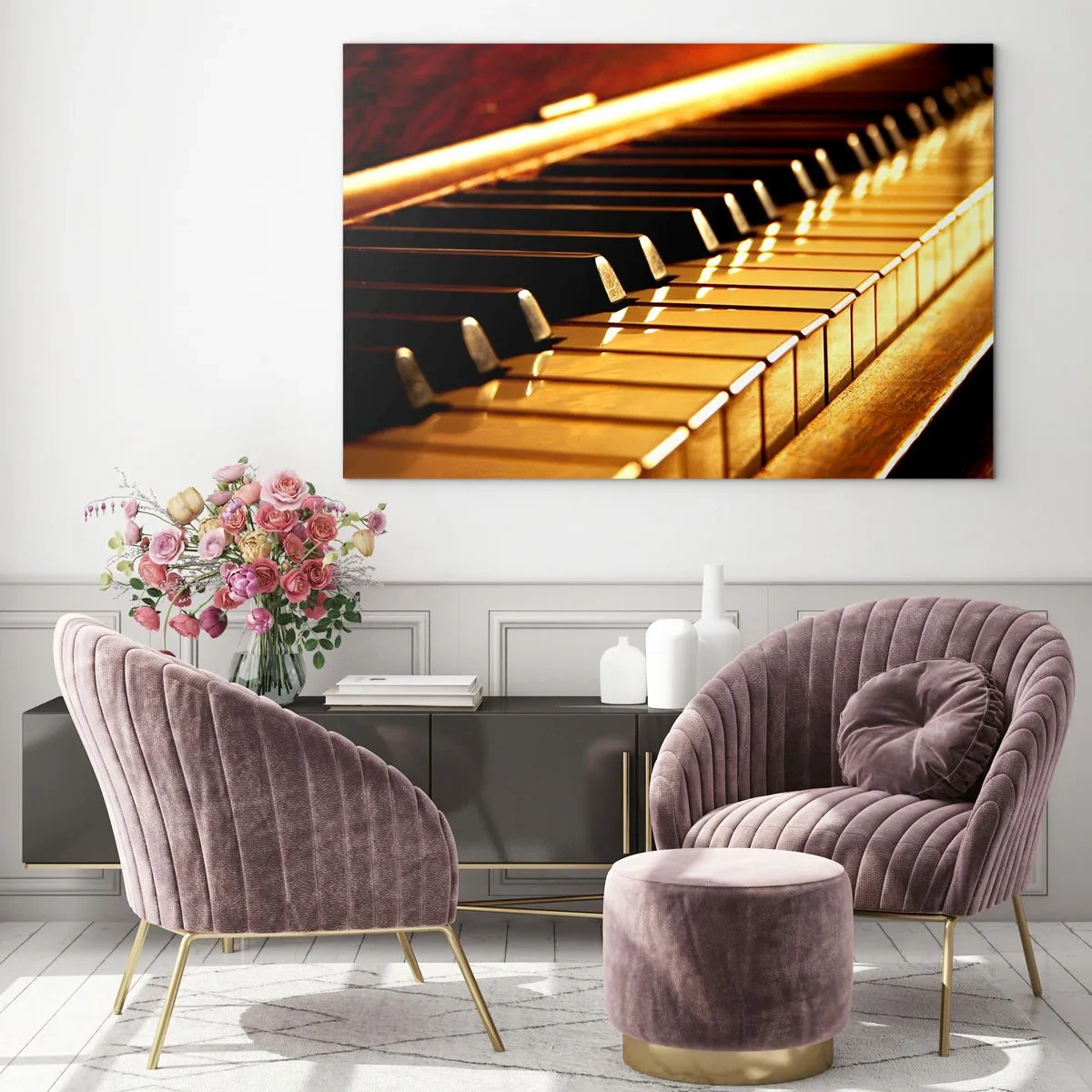 Üveg kép - Zongorabillentyűk közeli képe meleg fényben - 70x50cm - Végtelen lehetőségek - Modern fali dekoráció nappalihoz és hálószobához ARTTOR