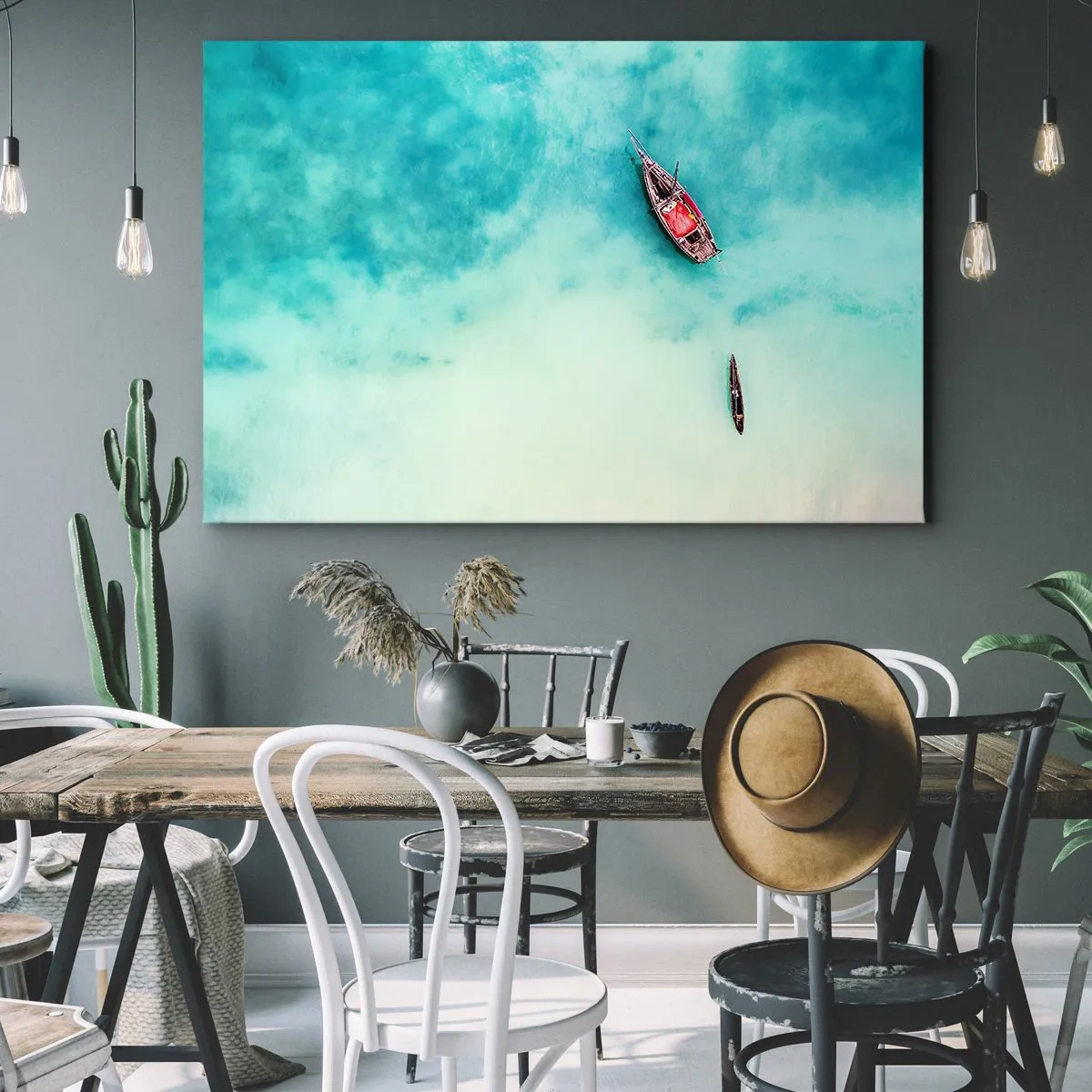 Vászonkép - Hajók türkizkék vízen madártávlatból - 70x50cm - A Zanzibár strandjain, amikor sok a víz... - Modern fali dekoráció nappalihoz és hálószobához ARTTOR