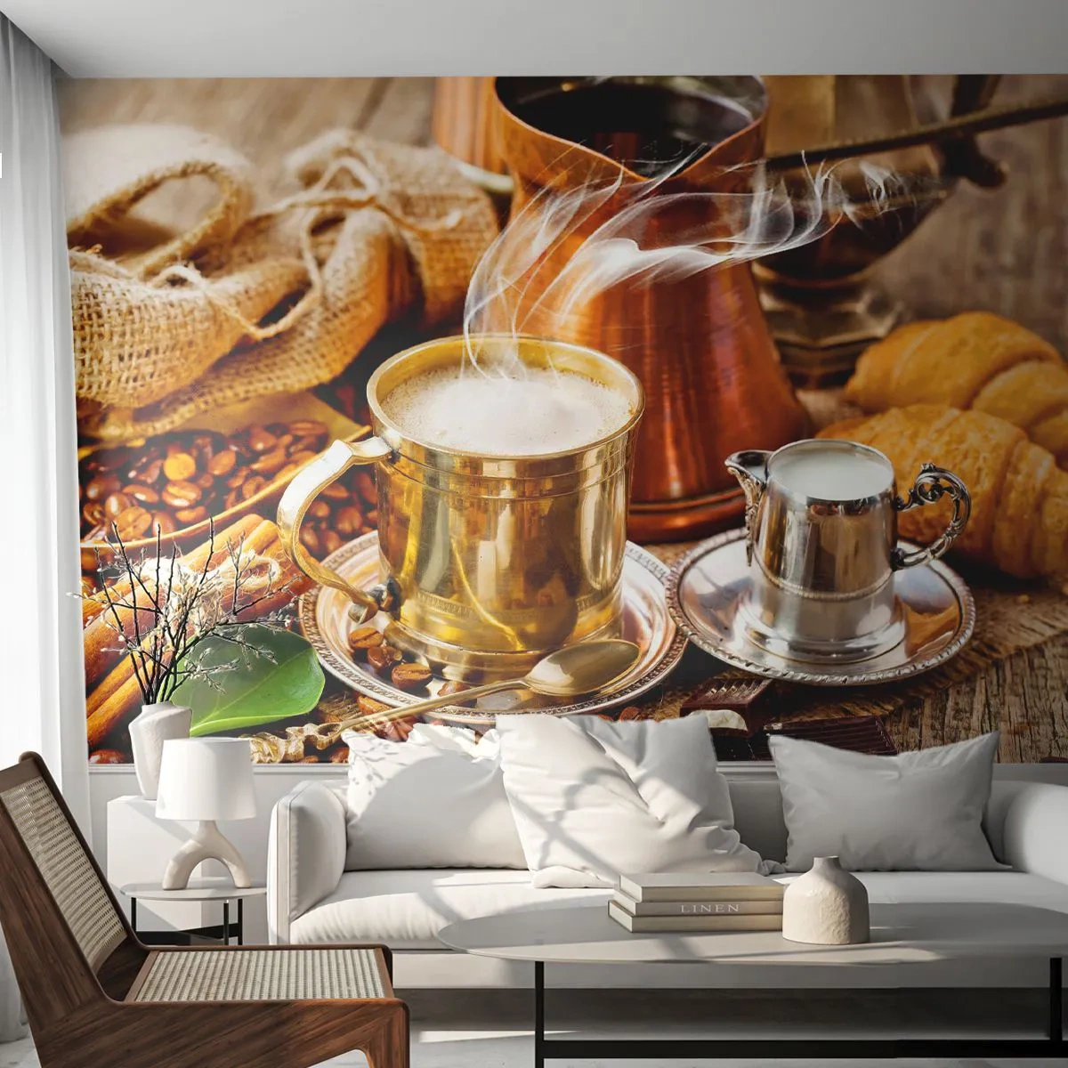Fotótapéta Standard Eco - Kávé tejjel, croissant-nal és fűszerekkel egy fából készült asztalon - 100x70cm - Szép napot! - Modern fali dekoráció nappalihoz és hálószobához ARTTOR