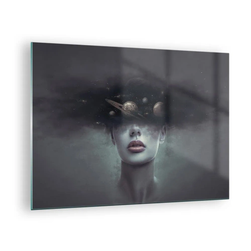 Üveg kép - Egy nő, akinek bolygók a feje egy szürreális kompozícióban - 70x50cm - És a bolygók megvadulnak... - Modern fali dekoráció nappalihoz és hálószobához ARTTOR