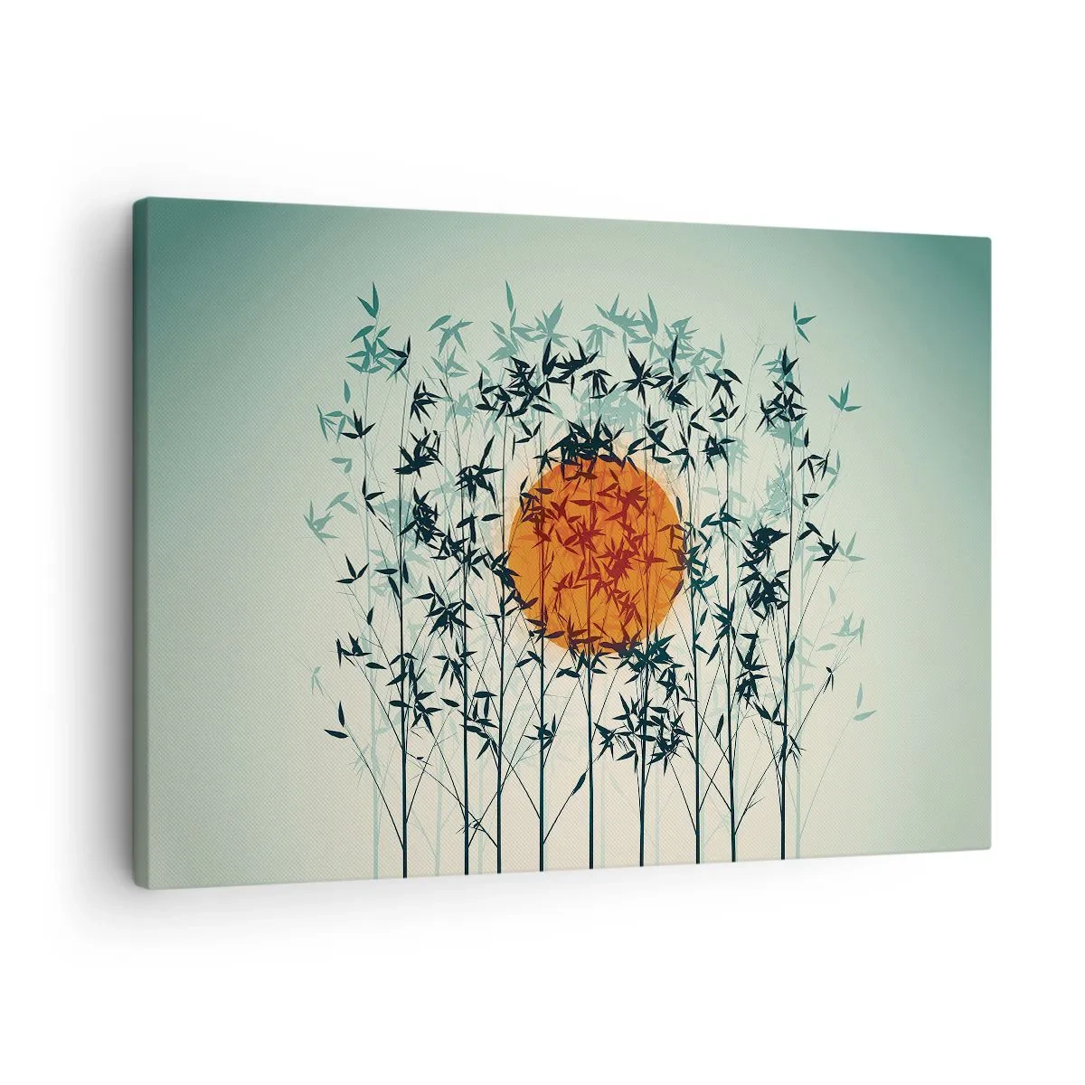 Vászonkép - Narancssárga nap a bambuszágak között - 70x50cm - Japán nap - Modern fali dekoráció nappalihoz és hálószobához ARTTOR