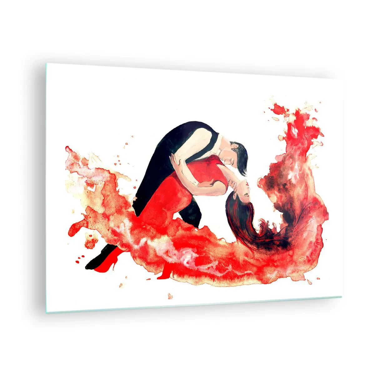 Üveg kép - Egy pár táncol egy dinamikus, piros akvarell kompozícióban - 70x50cm - Tango – érzéki hullám - Modern fali dekoráció nappalihoz és hálószobához ARTTOR