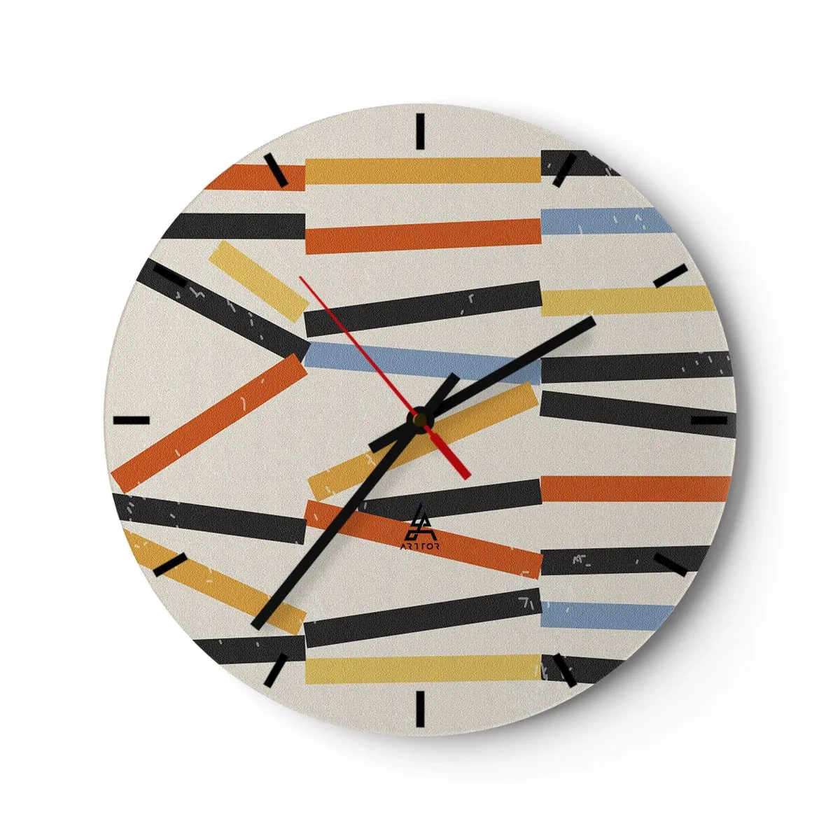 Falióra, Óra - Világos háttér előtt vízszintesen elrendezett színes és fekete téglalapok - 30x30cm - Vízszintes kompozíció - Modern fali dekoráció nappalihoz, konyhához és hálószobához ARTTOR