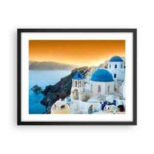 Poszter fehér keretben - Santorini – rásimulva a sziklákra - 50x40 cm