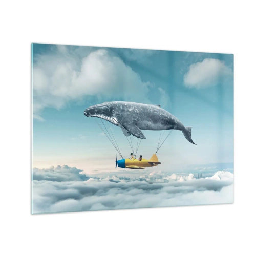 Üveg kép - Egy bálna szürreális környezetben emel egy repülőgépet a felhők fölé. - 70x50cm - Miért is ne? - Modern fali dekoráció nappalihoz és hálószobához ARTTOR