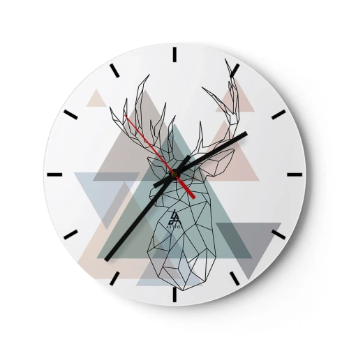 Falióra, Óra - Szarvas geometriai képe háromszögek hátterében - 30x30cm - Egy geometrikus erdőben - Modern fali dekoráció nappalihoz, konyhához és hálószobához ARTTOR
