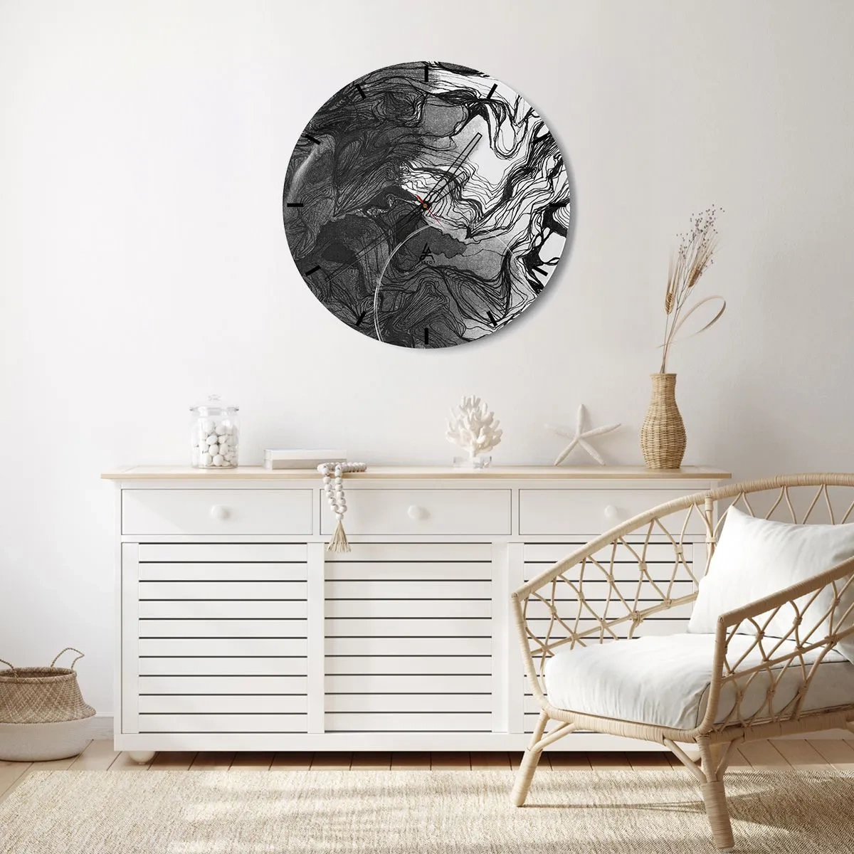 Falióra, Óra - Fekete-fehér absztrakció áramló vonalakkal és textúrával - 30x30cm - Álmokba gabalyodva - Modern fali dekoráció nappalihoz, konyhához és hálószobához ARTTOR