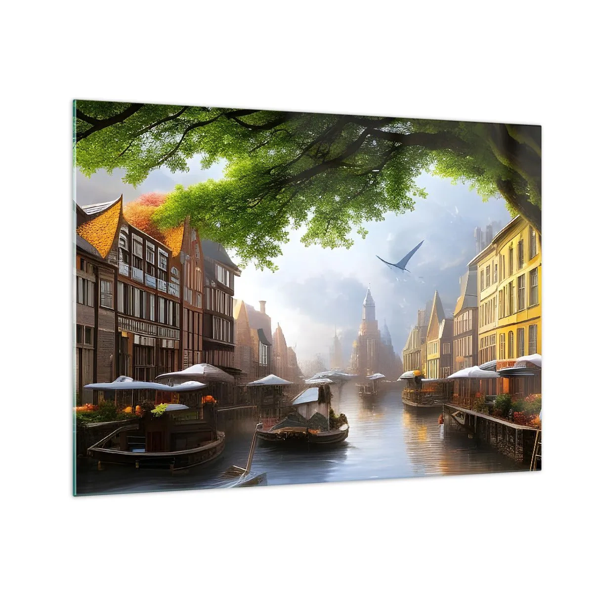 Üveg kép - Hangulatos kilátás egy holland csatornára hajókkal és épületekkel - 70x50cm - Holland városkép - Modern fali dekoráció nappalihoz és hálószobához ARTTOR