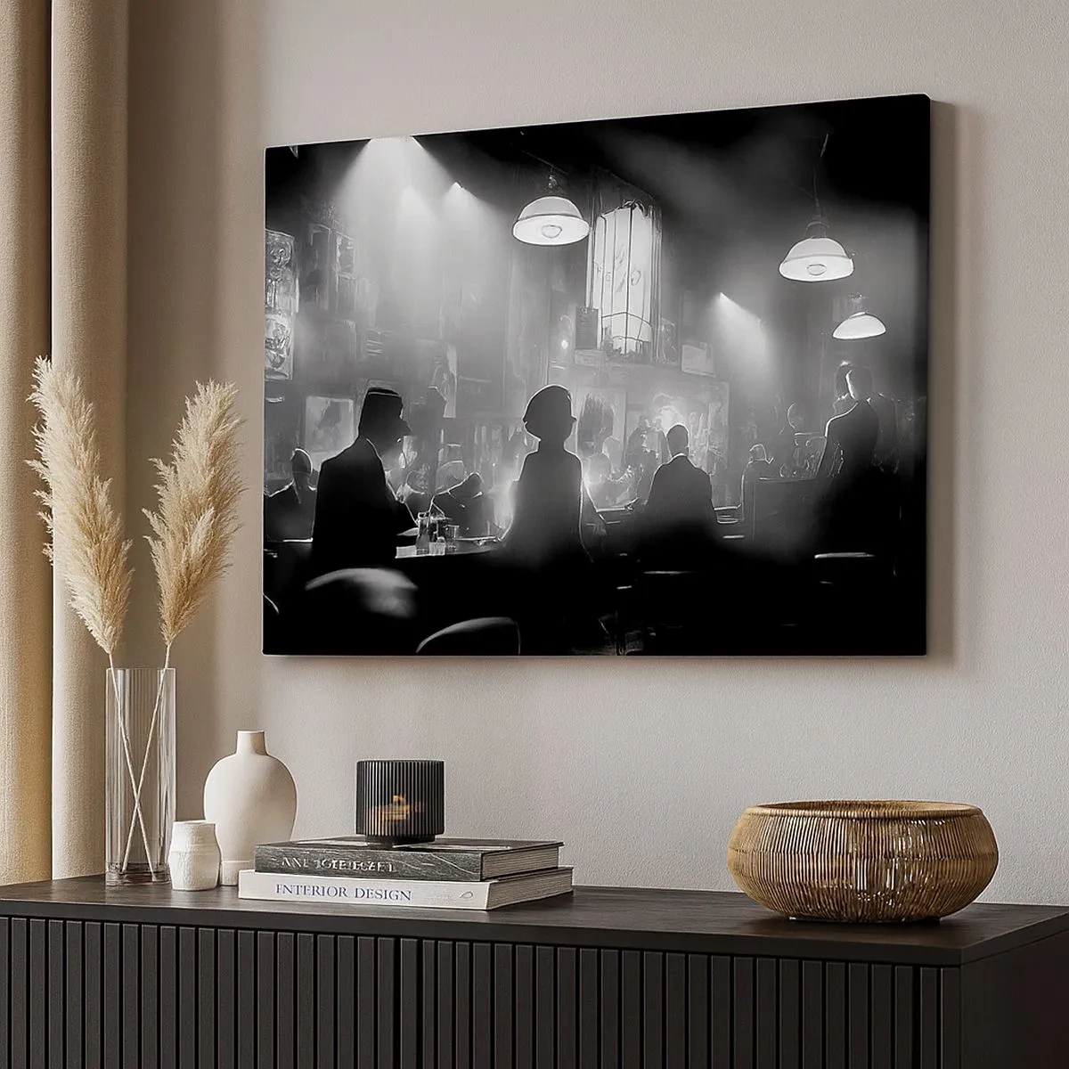 Vászonkép - Fekete-fehér jazz éjszakai klub színtere - 70x50cm - Jazzes hangulatban - Modern fali dekoráció nappalihoz és hálószobához ARTTOR
