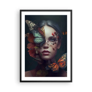 Poszter fehér keretben - Portré egy nőről pillangókkal és levelekkel - 50x70cm - Egy csodálatos metamorfózis - Modern fali dekoráció nappalihoz és hálószobához ARTTOR