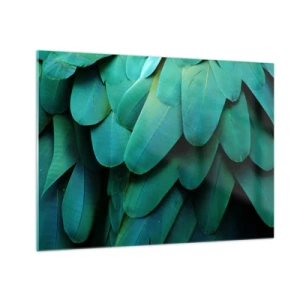Üveg kép - Egy papagáj intenzív zöld tollai közeli képe. - 70x50cm - A papagájtermészet precizitása - Modern fali dekoráció nappalihoz és hálószobához ARTTOR
