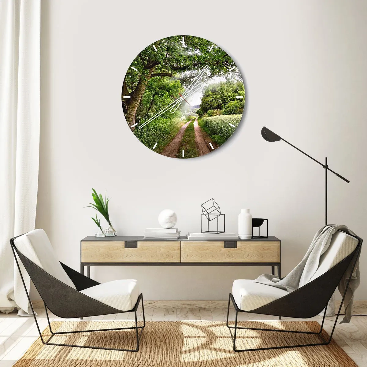 Falióra, Óra - Erdei út zöld fák és mezők között egy napsütéses napon - 30x30cm - Et in Arcadia ego - Modern fali dekoráció nappalihoz, konyhához és hálószobához ARTTOR