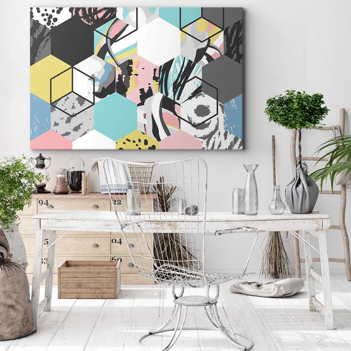 Vászonkép - Hatszögek és kockák hat színben - 100x70 cm