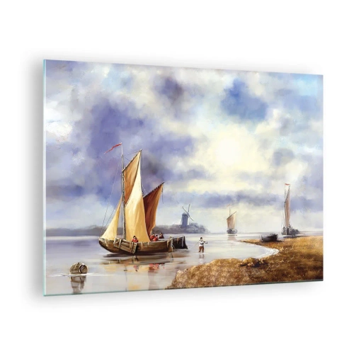 Üveg kép - Vitorlások egy nyugodt tavon, szélmalmokkal a háttérben - 70x50cm - A tengerészek visszatérése - Modern fali dekoráció nappalihoz és hálószobához ARTTOR