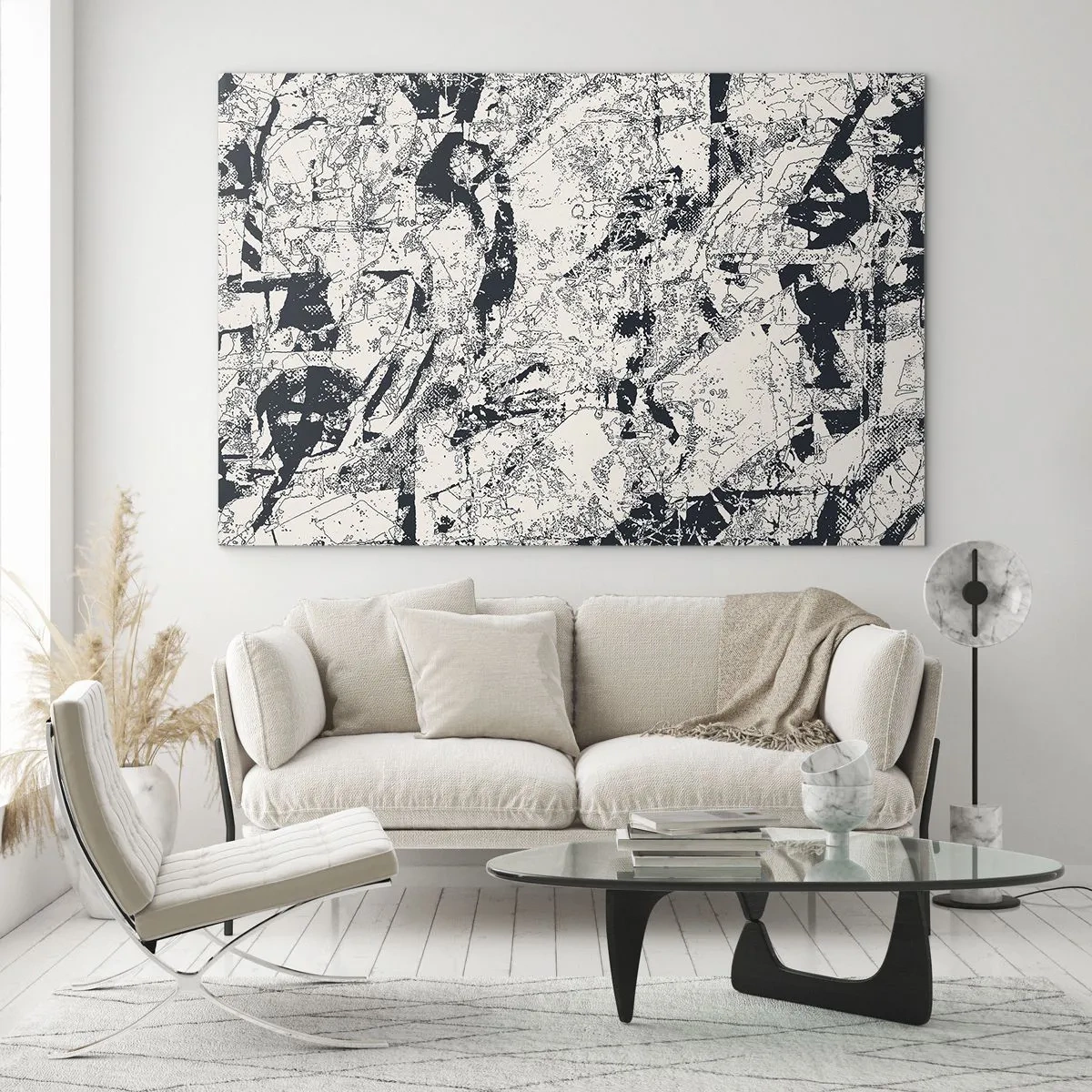 Üveg kép - Fekete-fehér absztrakció dinamikus vonalakkal és textúrákkal - 70x50cm - Az ellentétek egymásba fonódása - Modern fali dekoráció nappalihoz és hálószobához ARTTOR