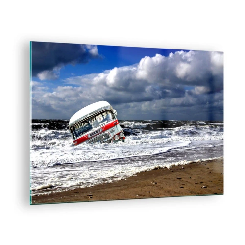 Üveg kép - Egy régi busz a viharos tenger vizében - 70x50cm - Min csodálkozol? - Modern fali dekoráció nappalihoz és hálószobához ARTTOR